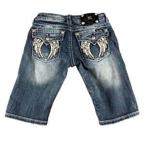 Miss Me Medium Wash Signature Bermuda Shorts Embellished Angel Wing Mid Rise